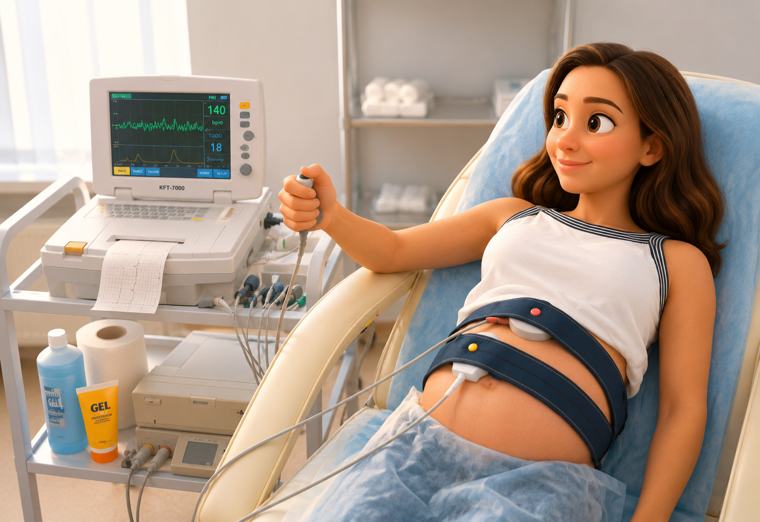 Patient receiving a nonstress test with monitors on her belly